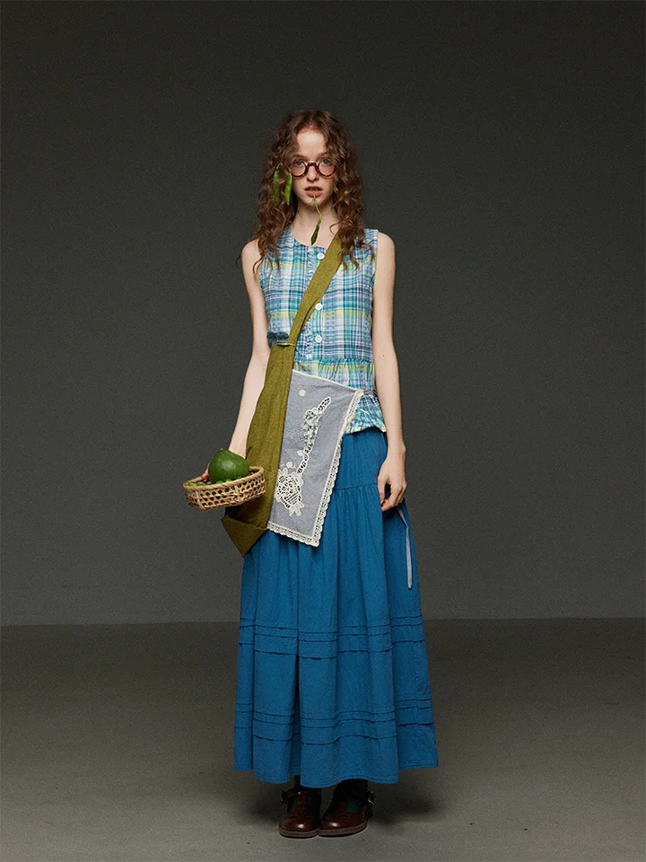 レトロな三色デザインのプリーツAラインスカート【高腰・多層構造・夏用・体型カバー】（セットアップ対応）