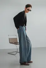 感あふれるハイウエストワイドレッグデニムパンツ【ゆったり・カジュアル・トレンドスタイル】（セットアップ対応）