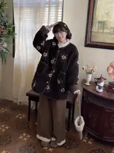 ヴィンテージ風カフェ柄ボアコットンコート【女性用・ゆったりシルエット・ラウンドネック・保温】