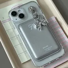 Y2Kスタイル 銀色リボン付きマグセーフ磁気スマホケース【レザー製カードポケット付き・iPhone対応】