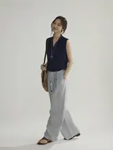 ストライプ柄 ワイドレッグカジュアルパンツ【ハイウエスト・フィット・通気性】（セットアップ対応）
