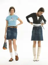 Unvesno Aラインデニムスカート【レトロブルー・切り替えデザイン・ひざ丈】