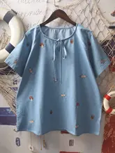 ユニークな刺繍入りデニムシャツ【コットン・リボン付き・ゆったりシルエット・ショートスリーブ】