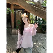 優雅なレースフリルオフショルダー長袖シャツ【ルーズフィット・女性用・フランス風】