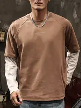 フェイクレイヤード 長袖Tシャツ スウェット メンズ パッチワーク クルーネック ゆったり インナー ストリート 春 秋