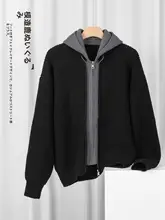 ニットフード付きカーディガン【秋用・軽やかで洗練されたデザイン・ルーズフィット】（ セットアップ対応）