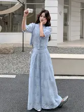 優雅なレースデザインのパフスリーブブラウスとワイドパンツ【春夏用・女性用】（セットアップ対応）