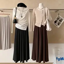 深灰色の糯米素材半身スカート【秋用・Aライン・体型カバー・カジュアル・フレア】