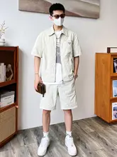 原宿風のしたクールな半袖シャツジャケット【メンズ夏用・ゆっ たりしたデザイン・短パン付き】（セットアップ対応）