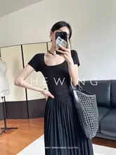 THEWING ブラックショートスリーブUネックドレス【ウエストシェイプ・ロングスカート・シンプルブラック】