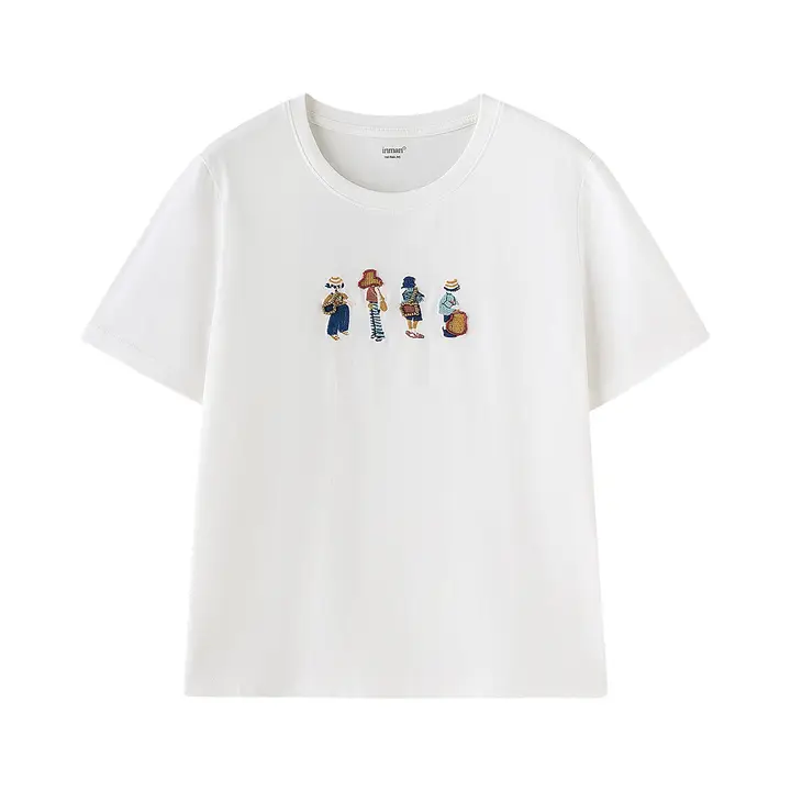 刺繍デザインの半袖コットンTシャツ【ラウンドネック・フィット】