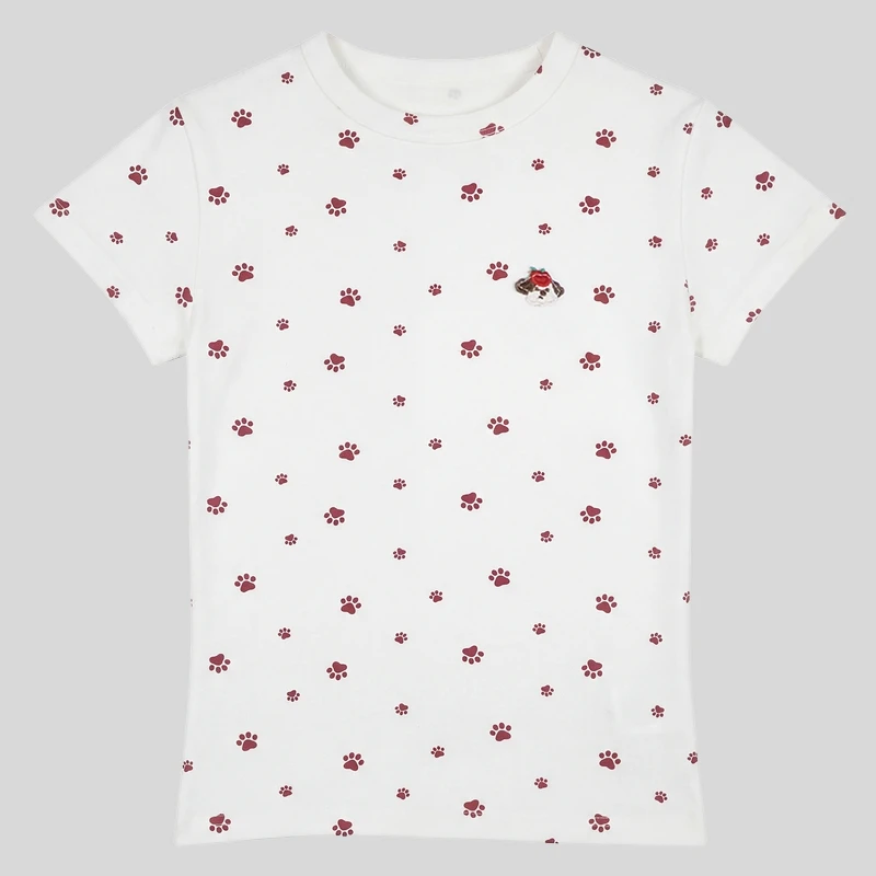 犬の足跡プリントの肩出し短袖Tシャツ【レディース・夏季用・クルーネック・スリムフィット】