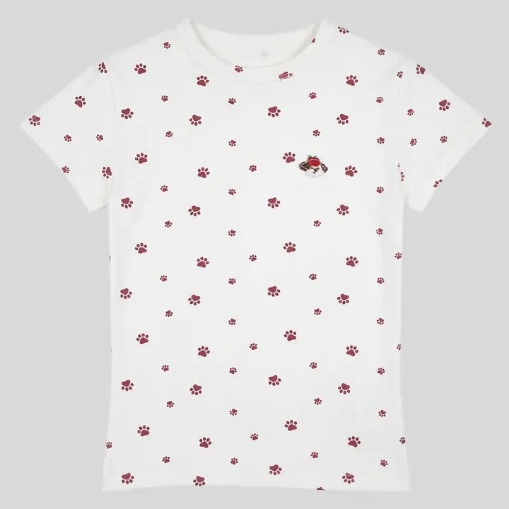 犬の足跡プリントの肩出し短袖Tシャツ【レディース・夏季用・クルーネック・スリムフィット】