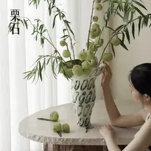青瑶手描き陶器花瓶【フランス風・アートインテリア・彫刻デザイン】