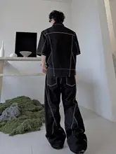 個性的なデザイン！ボタン装飾ショートスリーブ薄手デニムジャケットとワイドパンツ（セットア ップ対応）