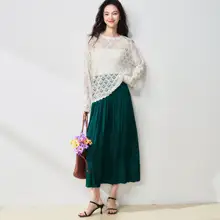 春季用 薄手のシフォン素材 Aラインスカート【深緑・フレアデザイン・プリーツ】