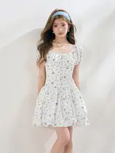バンドデザインのフラワープリントワンピース【パフスリーブ・ウエストマーク・フレアスカート】