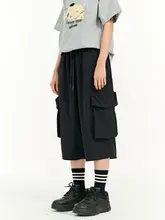 ユニセックス 黒のワイドクロップドパンツ【大口ポケット・カジュアルスタイル・ストレート】（セットアップ対応）