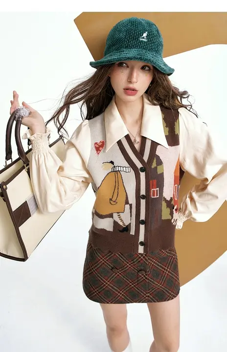 レトロフラワープリントニットポロシャツ【桃皮絨使用・フリース混・長袖】（セットアップ対応）