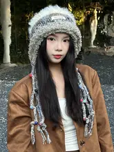 カラフルビーズ付き耳あて帽子【冬用・厚手・暖かい・小顔効果】