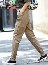 カーキ色の夏用薄手ワークパンツ【小柄向け・リブ付きカジュアルハーレンスタイル】（セットアップ対応）