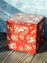 漆塗り中型日本式お花のデザイン寿司ボックス【三層・便当・華やかな装飾】