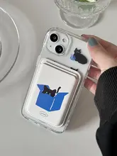 個性的なデザインの黒猫イラスト磁気吸着カードケース【透明アクリル・iPhone対応】