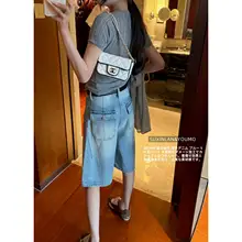 夏用のクールなストリートスタイル！毛辺りデザインの破れたワイドデニムショートパンツ（セットアップ対応）