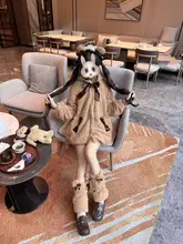 ウサギとクマの耳付きフード付き厚手シープボアコート【ロリータスタイル】
