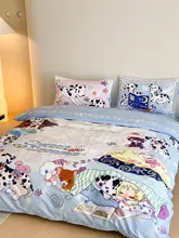 手描きのブルーコットンのドット犬柄布団カバー【四点セット・100%コットン】（セットアップ対応）