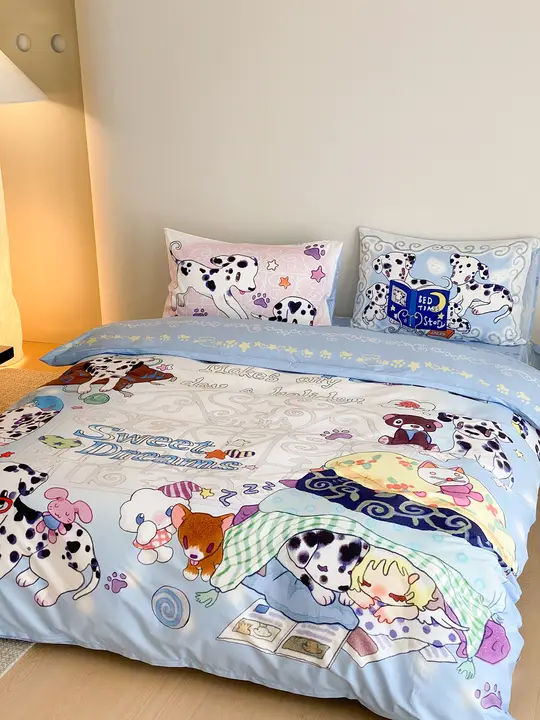手描きのブルーコットンのドット犬柄布団カバー【四点セット・100%コットン】（セットアップ対応）