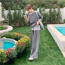 カジュアルスポーツグレー裏毛スウェットとレースフリルワイドパンツ【春秋向け・女性用】（セットアップ対応）