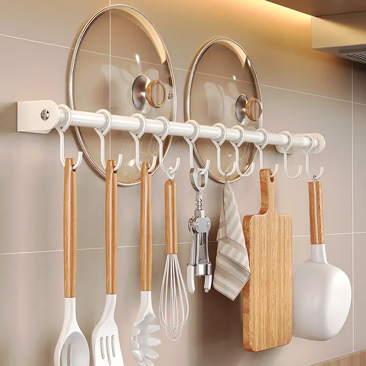 穴あけ不要の白色ステンレス製壁掛け調理器具フック【スプーン・お玉・鍋ふた用】
