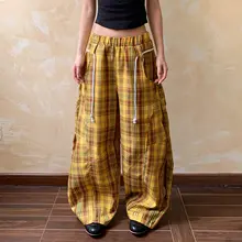 レトロチェック柄のカジュアルパンツ【女性用・ストリートスタイル・ワイドレッグ・ゆったり・スリム効果】（セットアップ対応）