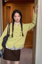 立体花柄デザイン グリーンニットカーディガン【春用・女性用・軽やか】