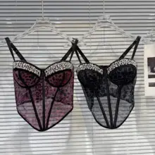 スタイリッシュなセクシータンクトップ【カラーコントラスト・骨組みデザイン・メッシュ・胸パッド付き・キャミソール】