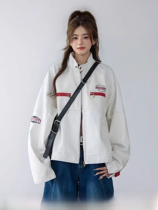 アメリカンヴィンテージ風 合皮デニムジャケット【秋冬用・ショート丈・バイカースタイル】