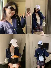 柚子琪 猫刺繍入りニットカーディガン【春秋用・ネイビーブルー・レディース】