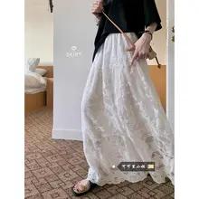 重厚感のあるレース 白色ハンカチスカート【秋用・Aライン・ウエストゴム】