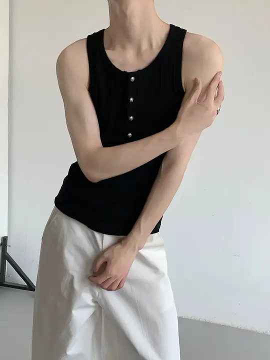 夏用ゆったりしたヘンリーネックニットベスト【男用・無袖・ヴィンテージスタイル】