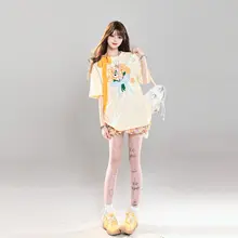 アメリカンレトロフラワー刺繍のリボン付き短袖Tシャツ【ルーズフィット・ショルダーオープン・夏用】