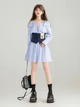 オフショルダーシャツワンピース【秋用・ウエスト絞り・シックなデザイン】（セットアップ対応）
