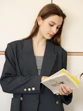 レトロ風 ダブルブレスト金ボタン グレーのカジュアルブレザー【トレンチカラー・ゆったりフィット・通勤用】