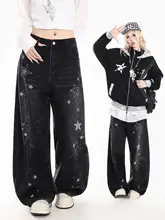 ビンテージ風デザインの星柄デニムパンツ【秋冬用・フィット・ワイドレッグ】