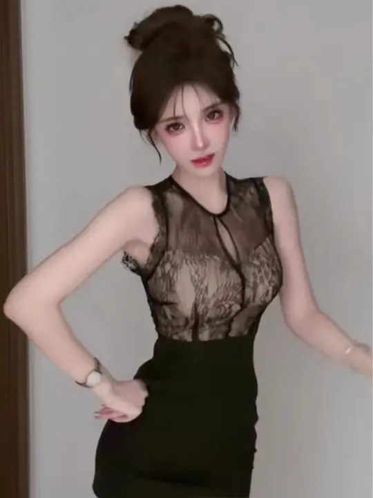 エレガントなレースパッチワークのノースリーブドレス【セクシー・ハイウエスト・タイトフィット・ミニスカート】