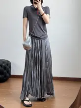 ウエストゴムのプリーツ入り光沢感あるロングスカート【夏用・カラフル・体型カバー・女性用】