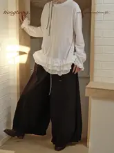 春季用 文芸風プリーツワイドレッグパンツ【女性用・ゆったり・スリム効果】（セットアップ対応）