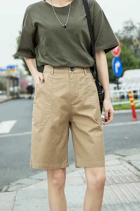 カーキ色 ワークショートパンツ レディース【夏用・薄手・5分丈・大きいサイズ・カジュアル】