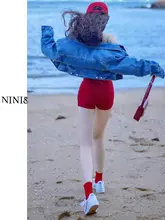 高腰デニムショートパンツ【レディース・赤・スタイリッシュ・夏用・スリムフィット】（ セットアップ対応）