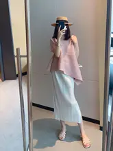夏用スリムフィットのピンクのチュニックスカート【リブデザイン・ハイウエスト・スリット入り】